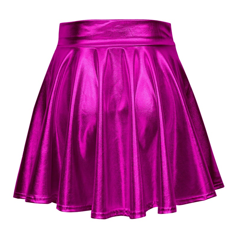EXCHIC Women's Shiny Metallic Wet Look Stretchy Flared Mini Skater Skirt (L, Rose) - Image 2